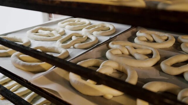 Freshly shaped dough pretzels arranged on baking trays in a commercial kitchen, showcasing the preparation process in a well-lit bakery environment