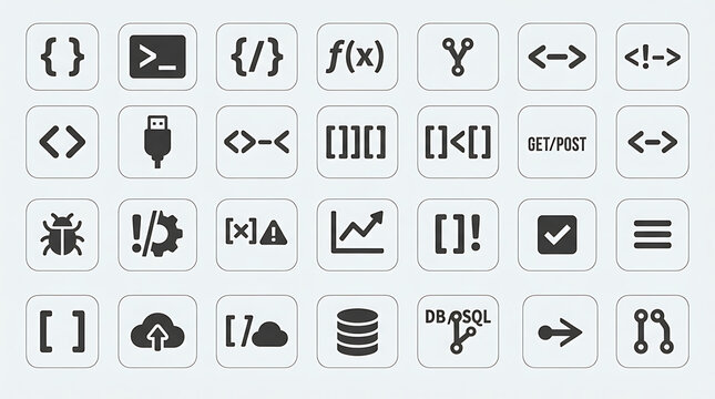 Programming symbols and software development icons are displayed in a clean, grid-based layout suitable for technical documentation or web applications.