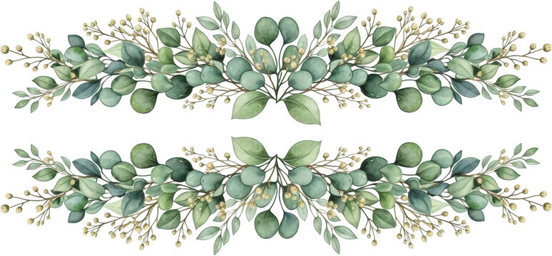 Two elegant decorative borders composed of watercolor eucalyptus branches with small buds creating a natural and organic feel leaves greenery floral botanical nature design