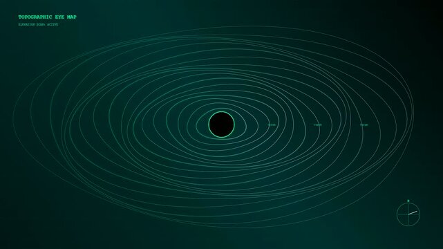 An eye gaze interface displays concentric circular rings evolving in a dark digital space as medical sensors track ocular movement patterns for precise diagnostic patient biometric analysis