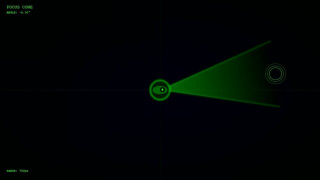 An eye gaze interface display monitors user focus point movement across a dark digital panel with glowing green circular indicators and beam projection lines