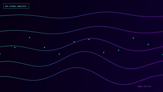 A sophisticated eye gaze interface displays moving neon wave lines with floating circular data nodes across a dark digital panel capturing continuous ocular tracking motion patterns