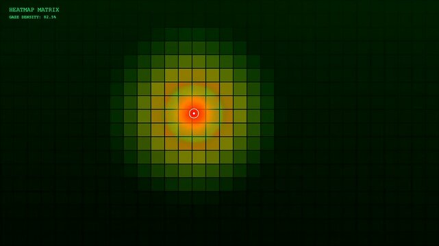 A precise eye gaze interface visualization projected across triple digital panels showing shifting circular focus points on a dark geometric grid layout within a system screen