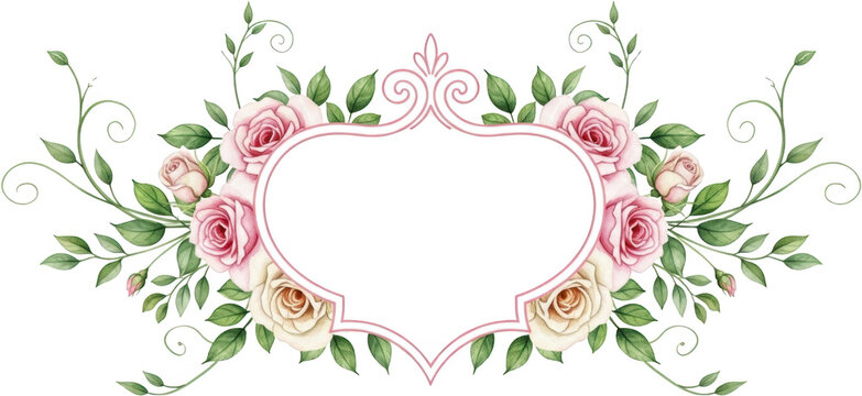 Decorative watercolor floral frame with pink and cream roses green leaves and tendrils surrounding an ornamental cartouche shape watercolor roses pink roses floral border