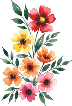 Delicate watercolor bouquet featuring vibrant red yellow orange and pink flowers with lush green leaves 141 characters watercolor flowers floral arrangement blooming botanical