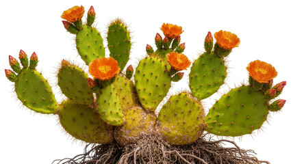 Isolated blooming Opuntia cactus plant with vivid orange flowers and intricate roots © Ciara