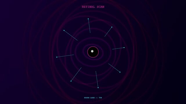 a futuristic eye gaze interface displays a circular calibration pattern with glowing nodes and data percentages in this digital observation for advanced security tracking software