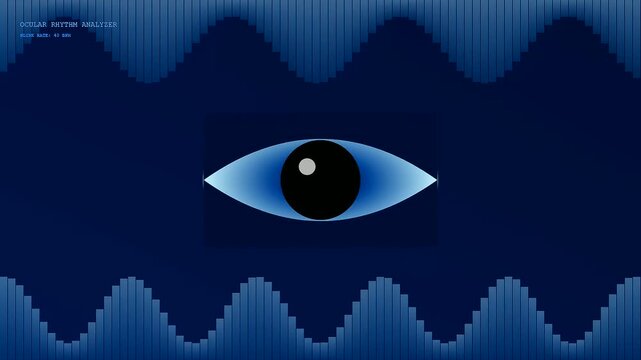 A digital eye gaze interface monitors blinking patterns depicted as rhythmic blue waves within a stylized dark software environment designed for advanced visual medical data tracking