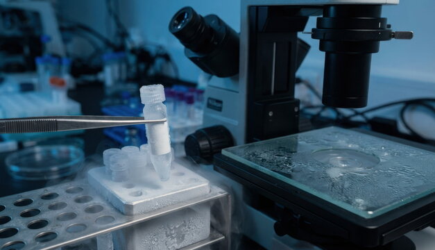 Fertility laboratory macro with cryogenic vial, storage rack, tweezers, microscope eyepiece, and condensation on glass lid