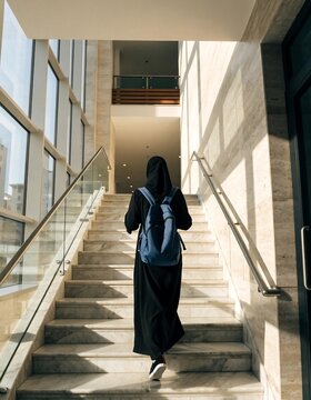  Gulf Arab Female Student in Abaya Climbing School Stairs with Backpack Back View