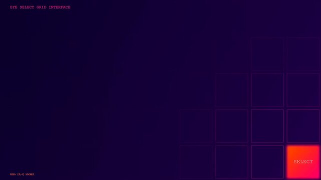 Digital eye gaze interface displayed on a dark glowing modular grid with selective orange illuminated squares for navigation in a modern virtual reality control system