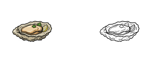 Oyster vector illustrations in flat colored and black line art styles with lemon and parsley representing gourmet seafood on white background  © Dzianis