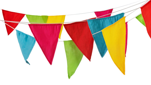 Isolated string of vibrant colorful triangular party flags perfect for celebration decoration