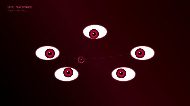 A digital eye gaze interface displays multiple ocular symbols interconnected by thin lines showing systemic movement and network node activity across a deep dark red space