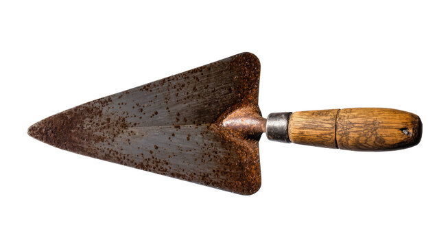 Isolated old rusty pointing trowel with wooden handle, weathered metal construction and masonry tool