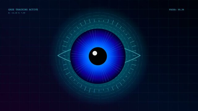 the eye gaze interface visualizes biometric digital tracking patterns across a dark grid while scanning circular geometric light nodes during a continuous software diagnostic process