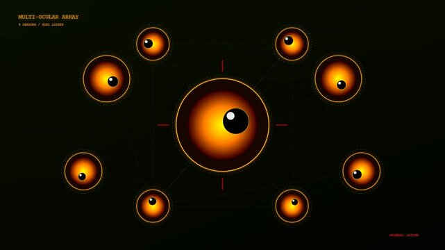 An eye gaze interface monitors multiple glowing orbs moving across the digital dark screen as the central pupil tracks positions in this abstract glowing array display