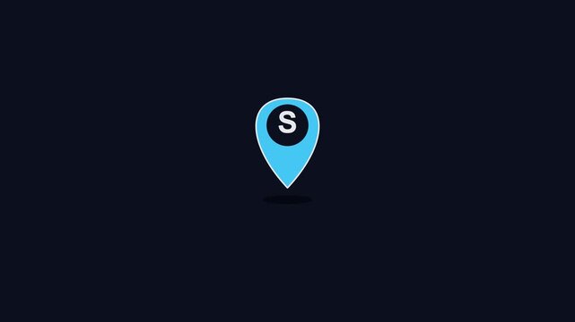 Animated blue map location pin with letter s for navigation and travel apps animation 4k