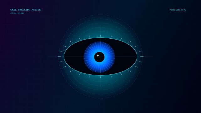 a futuristic eye gaze interface animation showing pupil movement tracking in a dark digital space with glowing blue circular elements and scanning light patterns