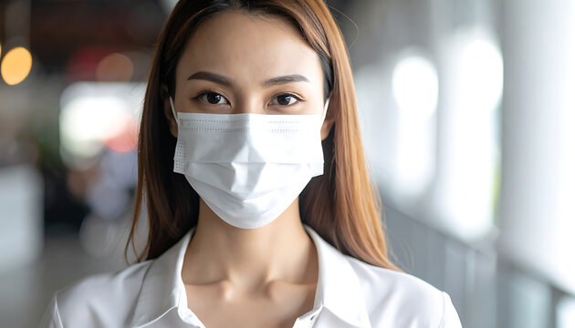 Young woman wearing a white medical face mask, concerned expression, social distancing, health and safety, virus protection, indoor office setting, close-up
