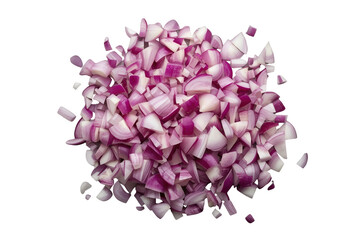 Obraz premium Diced red onion heap, purple vegetable pieces preparing for cooking, isolated raw ingredient