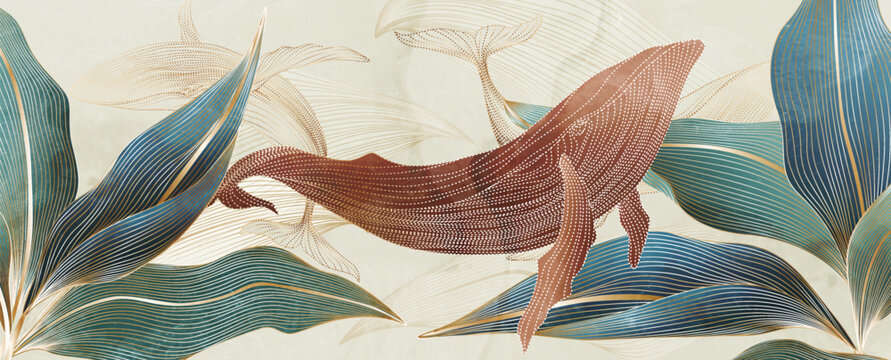 Luxury art background featuring tropical leaves and whales with golden line art elements. Abstract banner for decor, prints, wallpaper, textiles, packaging, posters, and interior design.