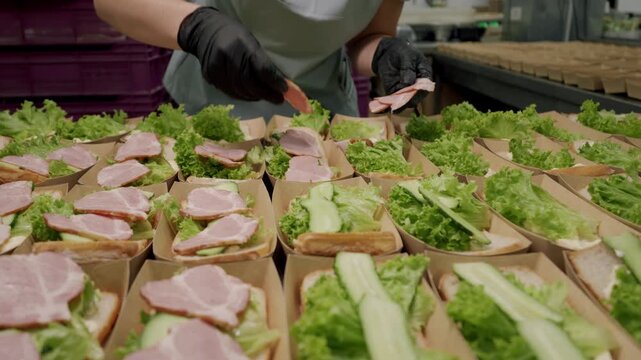 Food preparation process showing a person in gloves layering ham, lettuce, and cucumber on sandwich bases in a commercial kitchen with organized food containers