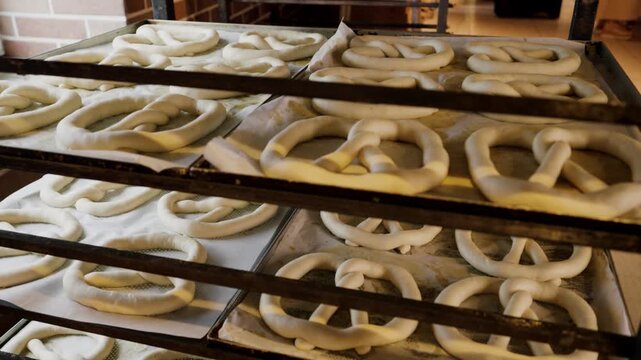 Freshly prepared pretzel dough arranged on trays in a bakery, showcasing multiple layers of twisted shapes ready for baking in a warm, inviting environment