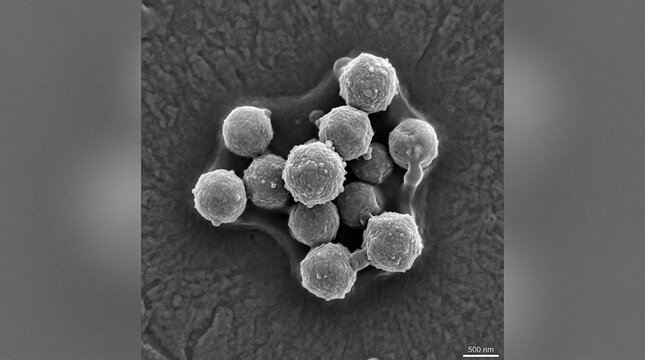 Scanning electron microscope image of Staphylococcus aureus bacteria clusters