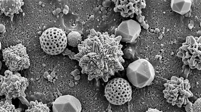 Microscopic view of pollen grains and spores