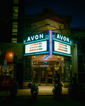 Avon Cinema vintage neon sign at night, Providence, Rhode Island