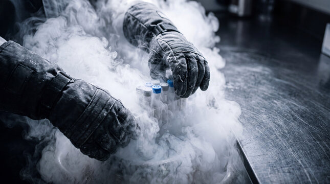 Scientist hand in glove holding a cryovial with an embryo during in vitro fertilization - ivf - process, lowering it into liquid nitrogen for cryopreservation in a laboratory