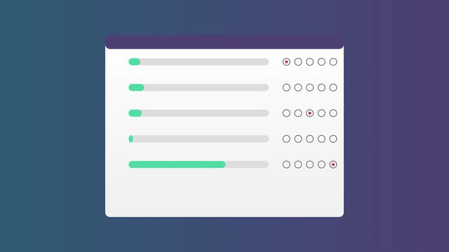 Interactive digital survey form with dynamic progress bars and selection buttons animation 4k questionnaire