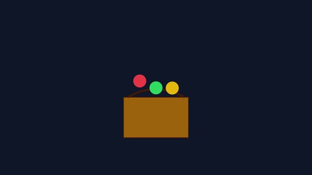 Minimalist 2 d animation of three colorful bouncing balls on a brown platform against a dark blue 4k background