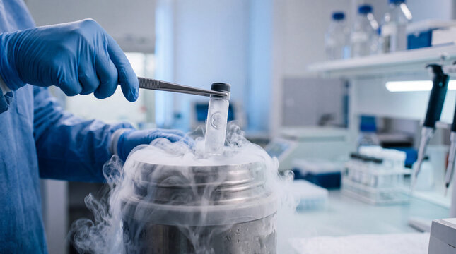 a scientist's hand in a blue nitrile glove using long medical tweezers to lift a cold cryovial from a cryogenic container