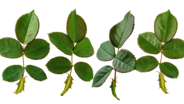Isolated natural green rose leaves, fresh compound foliage, vibrant garden plant elements