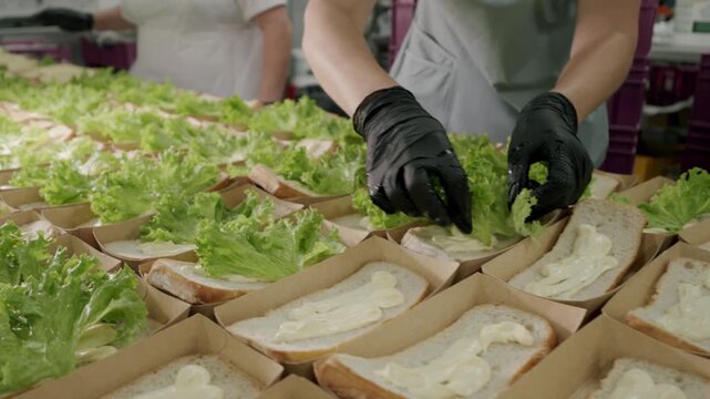 Two female food workers in white uniforms prepare sandwiches by spreading mayonnaise on bread and adding fresh lettuce in a commercial kitchen setting