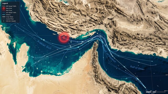 Strait of Hormuz maritime map infographic showing AIS vessel traffic routes and alert zones in the Persian Gulf, digital illustration