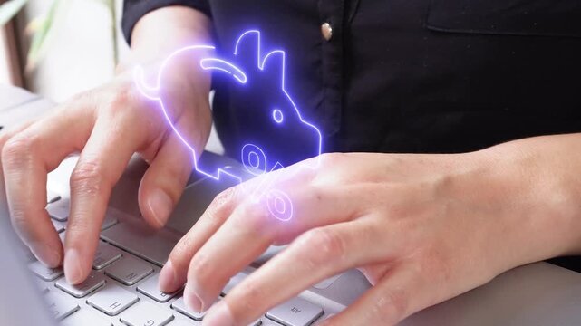 Compound interest and savings. Visual detail of an executive using her laptop in the office with a virtual piggy bank icon and a percentage sign.
