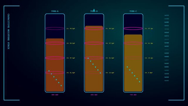 Digital displays showing soil sensors data across three vertical tubes reflecting changing moisture levels within dark laboratory panels observed during a complex scientific monitoring sequence