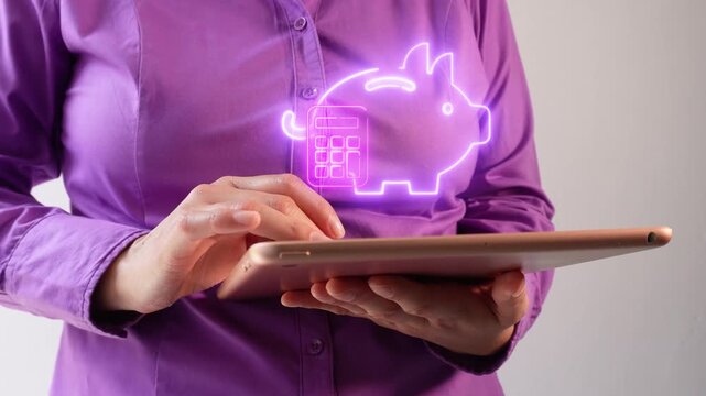 Financial management and expense control. Close-up of a businesswoman interacting with her tablet, featuring a virtual calculator icon with a piggy bank.