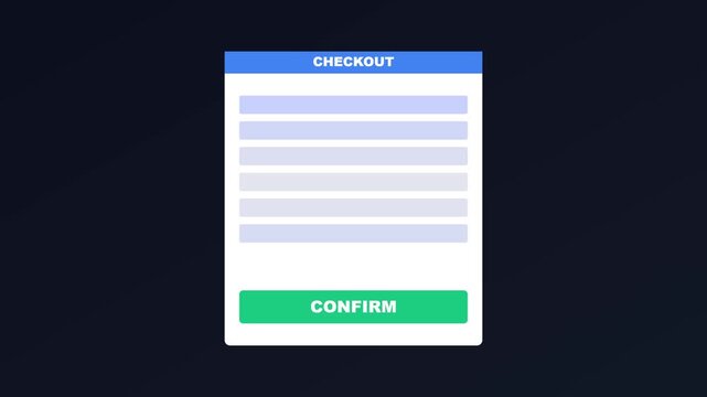 Online checkout form interface with confirm button for e-commerce website and digital payment transaction process animation 4k