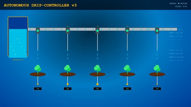 Digital soil sensors track moisture levels in an automated irrigation system display showing multiple growing cycles for five potted plants in a professional monitor interface