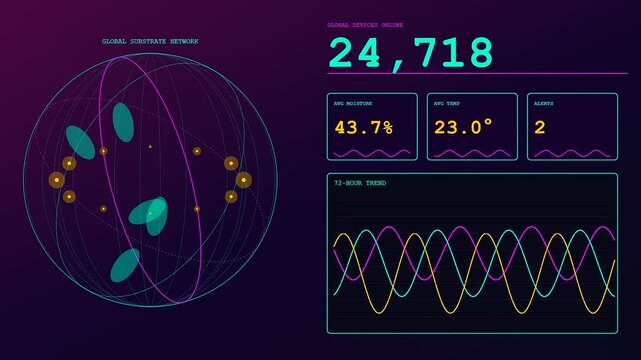 Soil sensors displayed in a digital interface featuring orbiting circular network graphics and real time statistical monitoring data streaming in a vibrant purple gradient environment