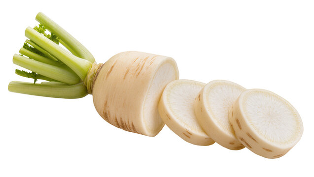 Isolated fresh daikon radish root vegetable with green leaves, partially sliced into rounds