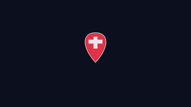 Switzerland map pin animation: swiss flag location marker for travel and business projects 4k