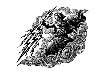 Fototapeta premium Vintage Zeus Vector Illustration Hand Drawn Greek God Of Thunder Mythology Black And White Engraving Line Art Sketch For Tattoo Flash And Graphic Design