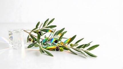 Obraz premium A creative and artistic composition featuring an olive branch intersected by a glass prism, casting a vibrant, spectral rainbow refraction across its leaves and fruit, symbolizing hope and nature