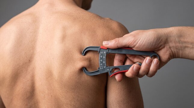 Person measuring body fat with calipers on shoulder and back