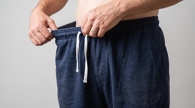 Man holding waistband of loose navy blue sweatpants with drawstring